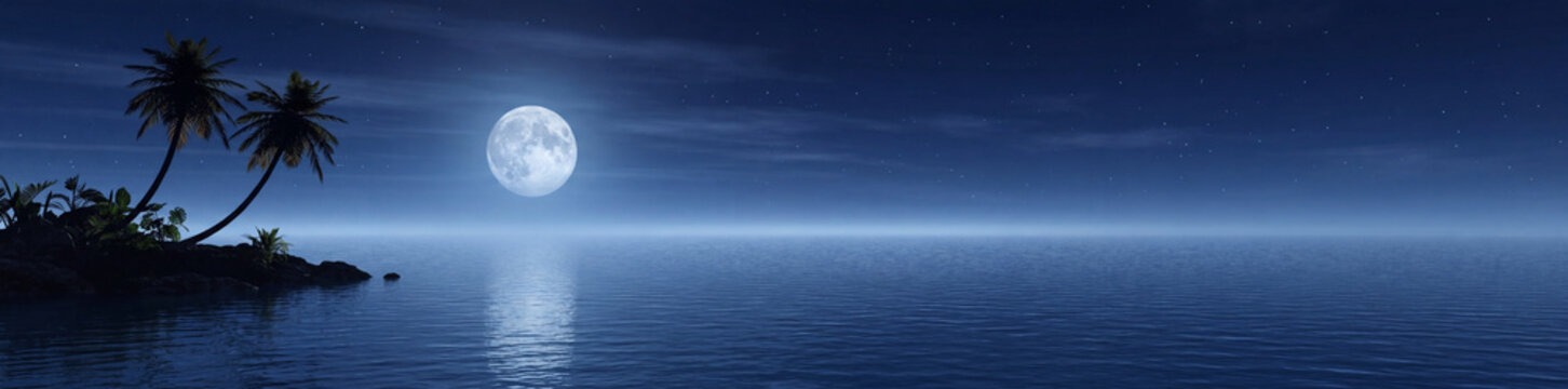 A tranquil tropical island scene at night with a bright full moon reflecting on the calm ocean waters, creating a serene and peaceful atmosphere for escape and relaxation