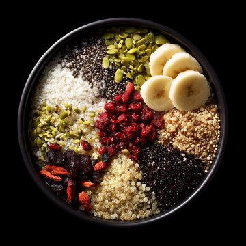Bowl filled with mixed grains, seeds and sliced fruits isolated on black background with clipping path, healthy nutrition concept