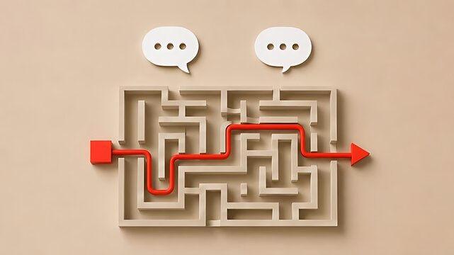 Red arrow navigating through square maze below speech bubbles for strategic communication