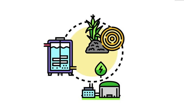 Bio waste components, including corn and wood, converting into renewable energy through an anaerobic digestion process within a large tank leading to a bio fuel plant