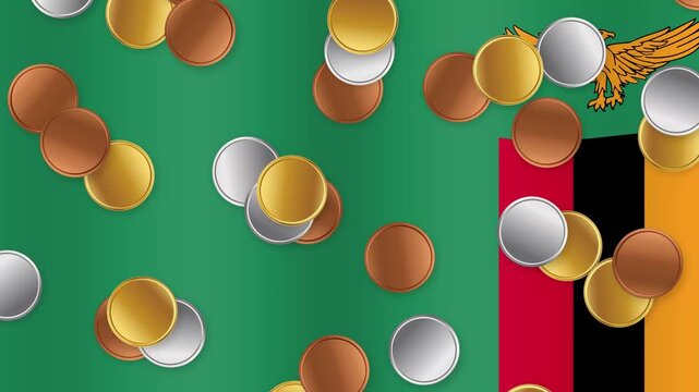 Gold Silver and Bronze Coins Falling Over Waving Zambia Flag
