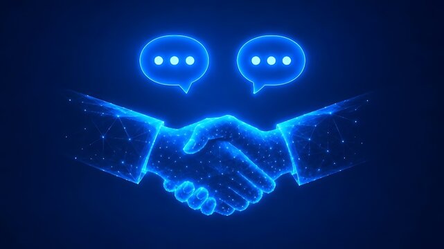Glowing blue digital wireframe handshake below speech bubbles for virtual business agreement