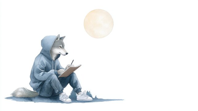 Anthropomorphic wolf writing in notebook under moon