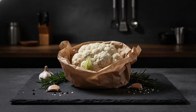 Dramatic moody portrait of cauliflower in artisanal wrapping