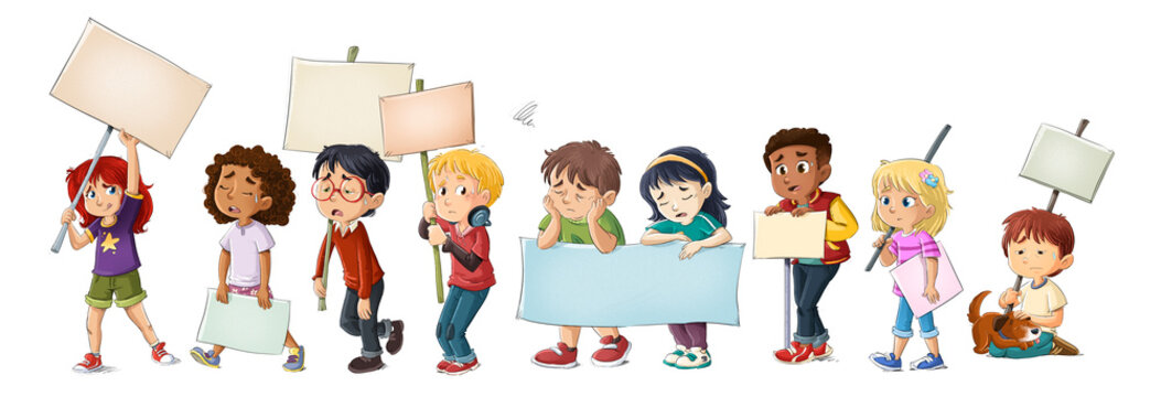 Grupo de ni&ntilde;os cansados caminando con pancartas, ilustraci&oacute;n infantil