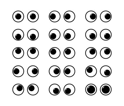 Set of cartoon googly eyes moving in different directions, expressing various emotions, useful for animation and character design
