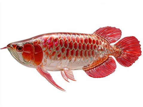 Vibrant Red Arowana Fish With Metallic Scales Isolated On A Clean White Studio Background