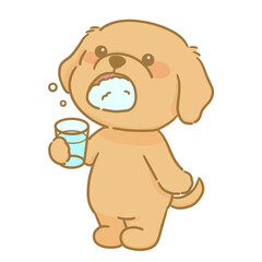 Obraz premium うがいをする可愛い茶色い犬の手描きイラスト