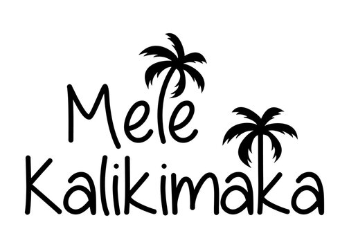 Banner con texto manuscrito Mele Kalikimaka con letras con silueta de palmeras. Logo Feliz Navidad en hawaiano. Archivo PNG con transparencia