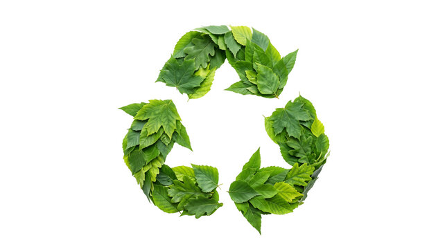 Green recycling symbol made of fresh leaves, eco friendly sustainability concept, organic waste management icon for environmental conservation isolated PNG with Transparent Background