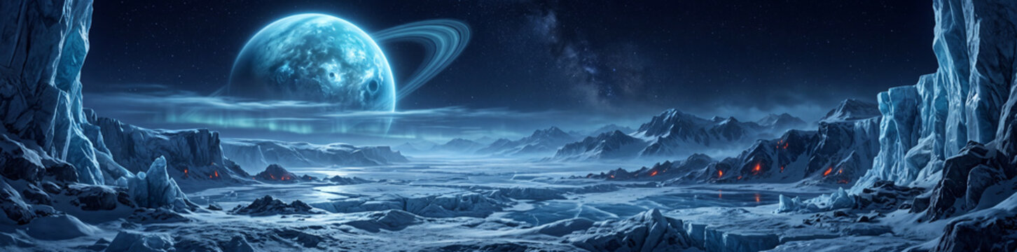 Panoramic digital illustration of a frozen alien planet landscape with an icy surface and a large ringed planet rising in the background