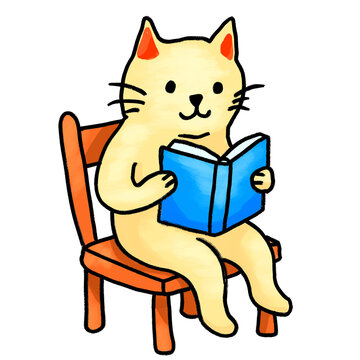 Cute Cream Cat Sitting on Chair Reading a Blue Book, Naive Art Hand Drawn Cartoon Illustration PNG on Transparent Background