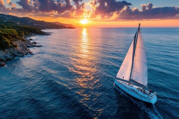 Fototapeta premium Sailboat at sunset near a rocky coastline