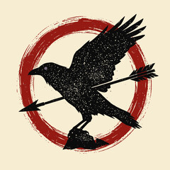 Obraz premium Black raven silhouette pierced by arrow in red circle.