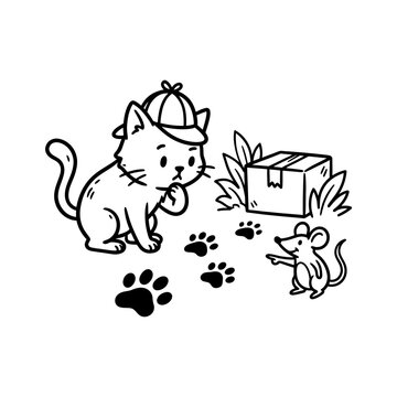 Cat detective and mouse inspecting paw prints.