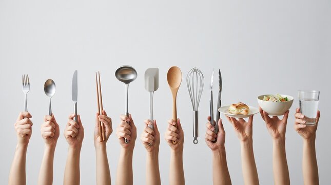 Hands Holding Various Kitchen and Cooking Utensils