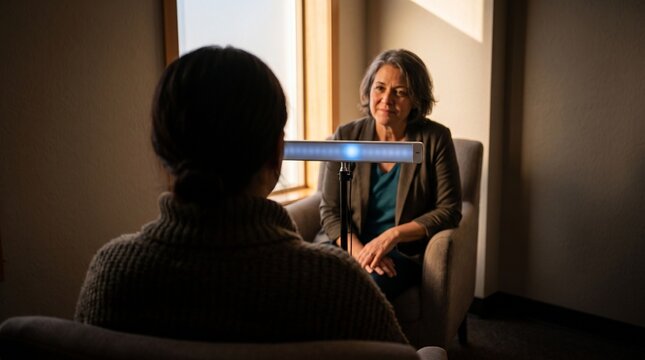 Over the shoulder view of patient facing therapist during EMDR light bar therapy session
