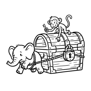 Elephant pulling treasure chest with monkey rider.