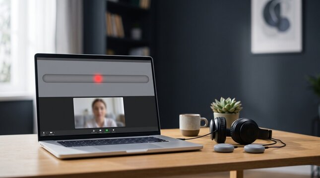 Remote EMDR online therapy setup on laptop screen with virtual light bar and buzzers