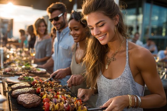Friends grilling skewers and steaks at a rooftop barbecue party during sunset