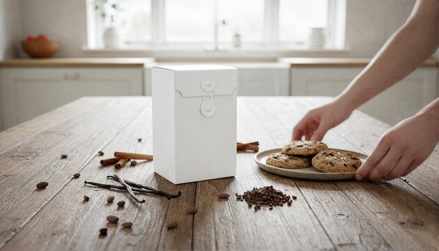 Elegant white artisanal box on a rustic table with fresh cookies and spices