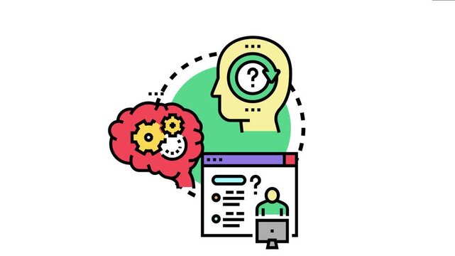 Analytical thinking process involving a human head with a question mark and a repeating arrow, a brain with working gears, and a person analyzing data on a computer screen