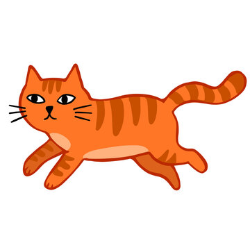 Cute naive art running ginger tabby cat jumping orange striped kitten action illustration isolated on transparent background
