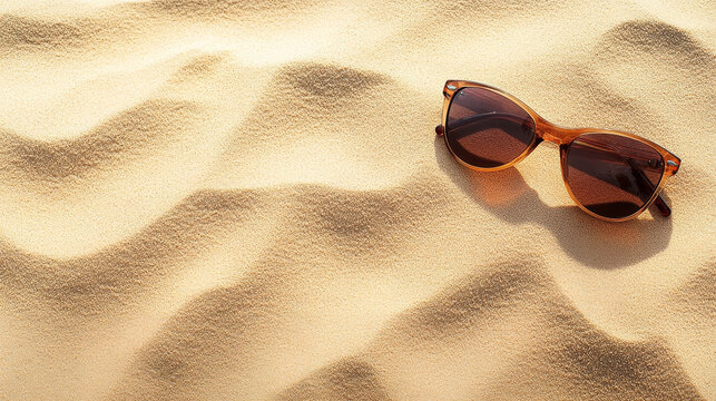 Amber sunglasses resting on golden sand dunes in bright sunlight with copy space for summer concept