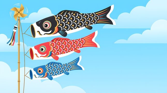 Colorful koinobori carp streamers flying in a bright blue sky for Japanese Children's Day