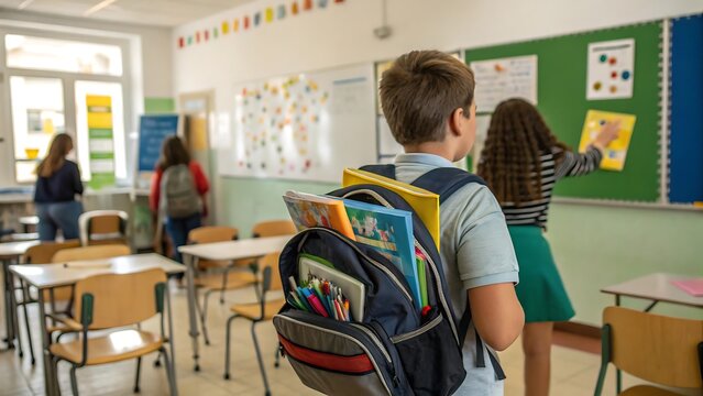 Student carrying backpack in classroom on first day of school back to school theme