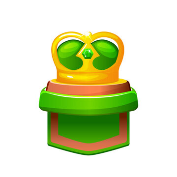 Golden Crown on Green Pedestal. Game rank icon isolated on transparent background