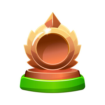 Bronze game rank badge frame with green pedestal isolated on transparent background