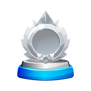 Silver game rank badge frame with blue pedestal isolated on transparent background