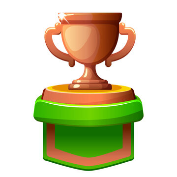 Bronze trophy cup on green pedestal game rank icon isolated on transparent background