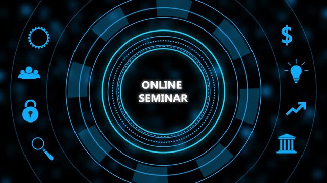 Online seminar digital interface with business and glowing hud for virtual education and corporate training presentations