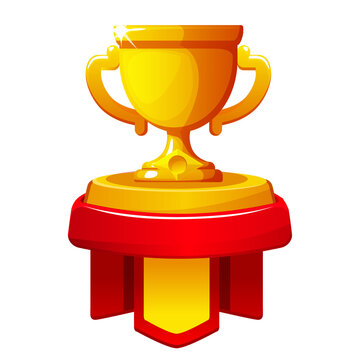 Gold trophy cup on red pedestal game rank icon isolated on transparent background