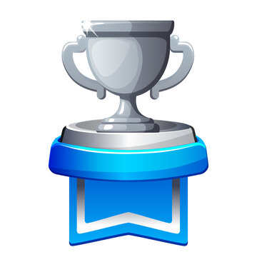 Silver trophy cup on blue pedestal game rank icon isolated on transparent background