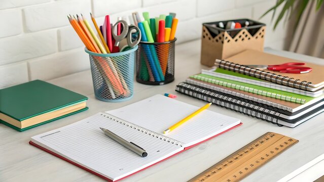 Desk setup with school supplies notebooks and stationery on wooden table surface, supplies