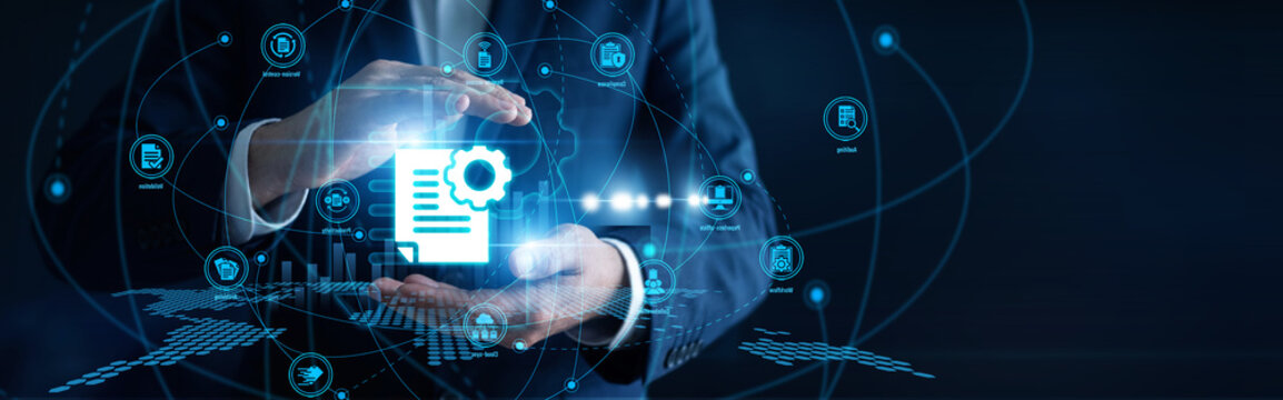 Office administrator hands hold electronic folders updating Document Management systems. Cloud-based indexing systems optimize workflow organization.