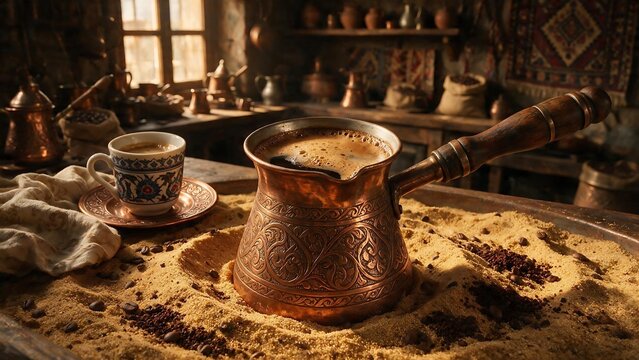 Traditional Turkish coffee brewing in a copper cezve on hot sand with a vintage cup in a rustic kitchen