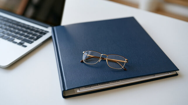 Sterile white background isolates a single open forensic accounting ledger binder beside a laptop, reading glasses resting on the spine and a completed online course certificate