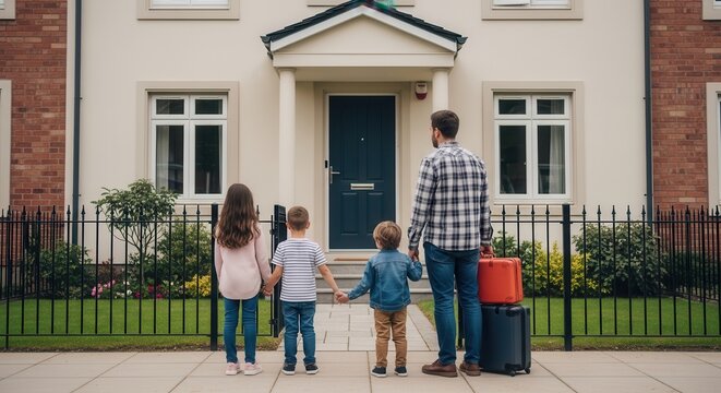 Heartwarming family of four standing together outside a charming suburban home with luggage, ready for a new adventure in a realistic image