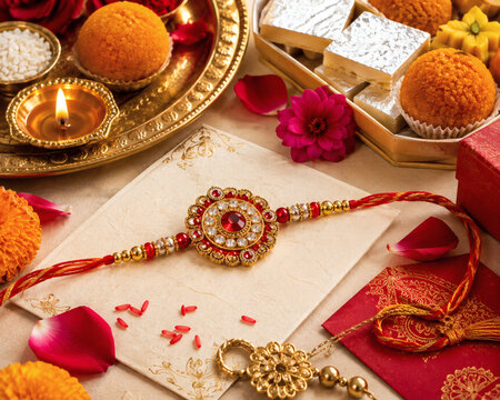 Festive Raksha Bandhan Thali Arrangement with Rakhi Sweets and Flowers