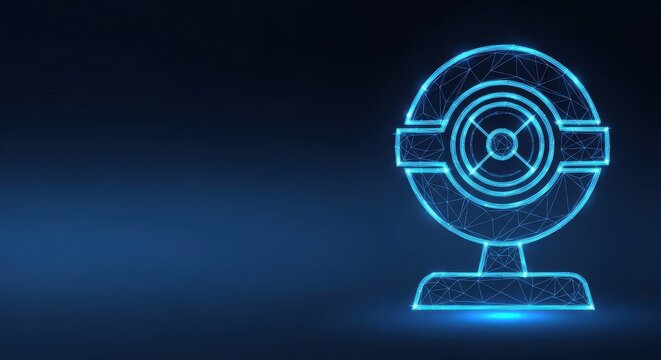 Futuristic blue digital webcam icon with polygonal wireframe design on dark background