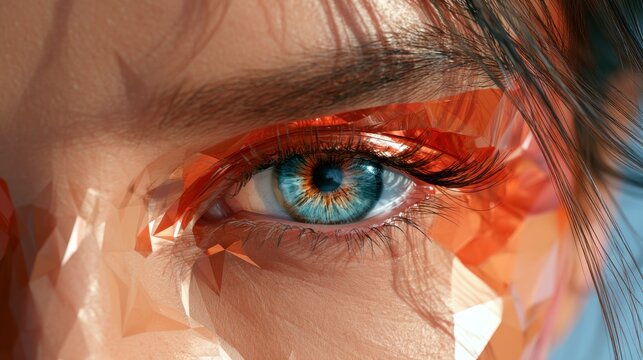 Close up of blue eye with geometric orange overlay
