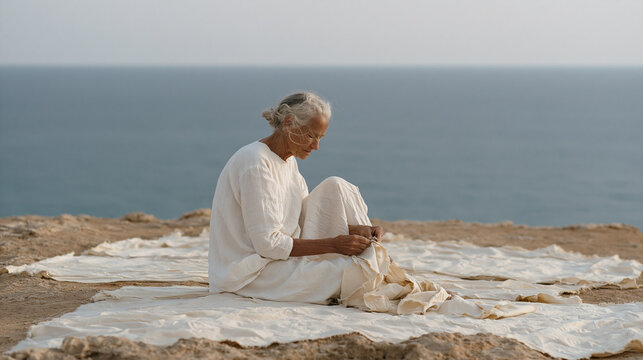 Elderly sailmaker seated alone on a wind-scoured coastal bluff, overcast horizon stretching behind rows of weathered canvas laid flat, her weathered hands and distant gaze