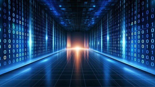 Digital glowing data corridor with binary code glowing reflective floor and illuminated vanishing