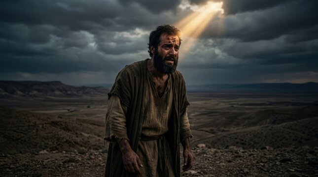 Ancient sorrowful wanderer: Cain figure, Abel brother, Bible story, religion consequence, divine judgment, human grief, desert land, dark cloud, light beam, tear drop.