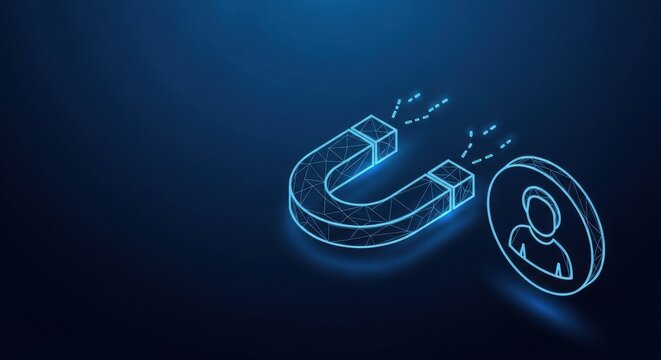 Futuristic blue wireframe horseshoe magnet attracting small particles, symbolizing science and connection