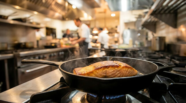 A close up view of a perfectly cooked salmon fillet sizzling in a cast iron skillet highlighting the artistry of cooking in a vibrant restaurant kitchen setting